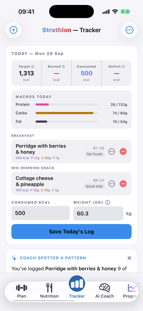 Strathlon daily tracker showing a protein target alongside calories, with protein logged across the day's meals