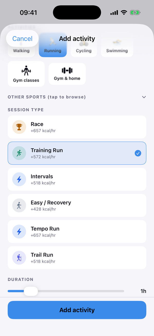 Strathlon Add activity screen with a training session being logged