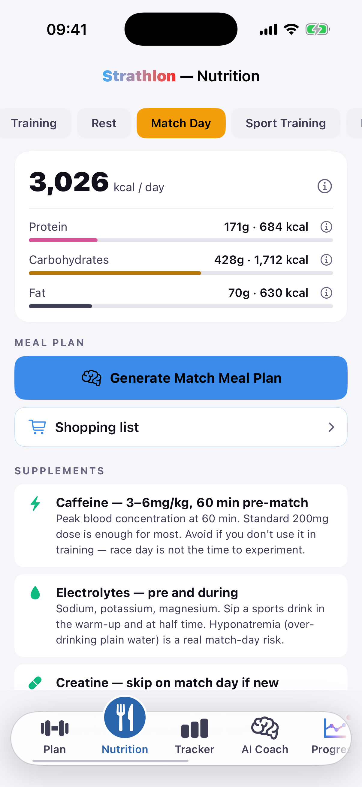 Strathlon's Nutrition tab showing futsal match-day calorie and macro targets