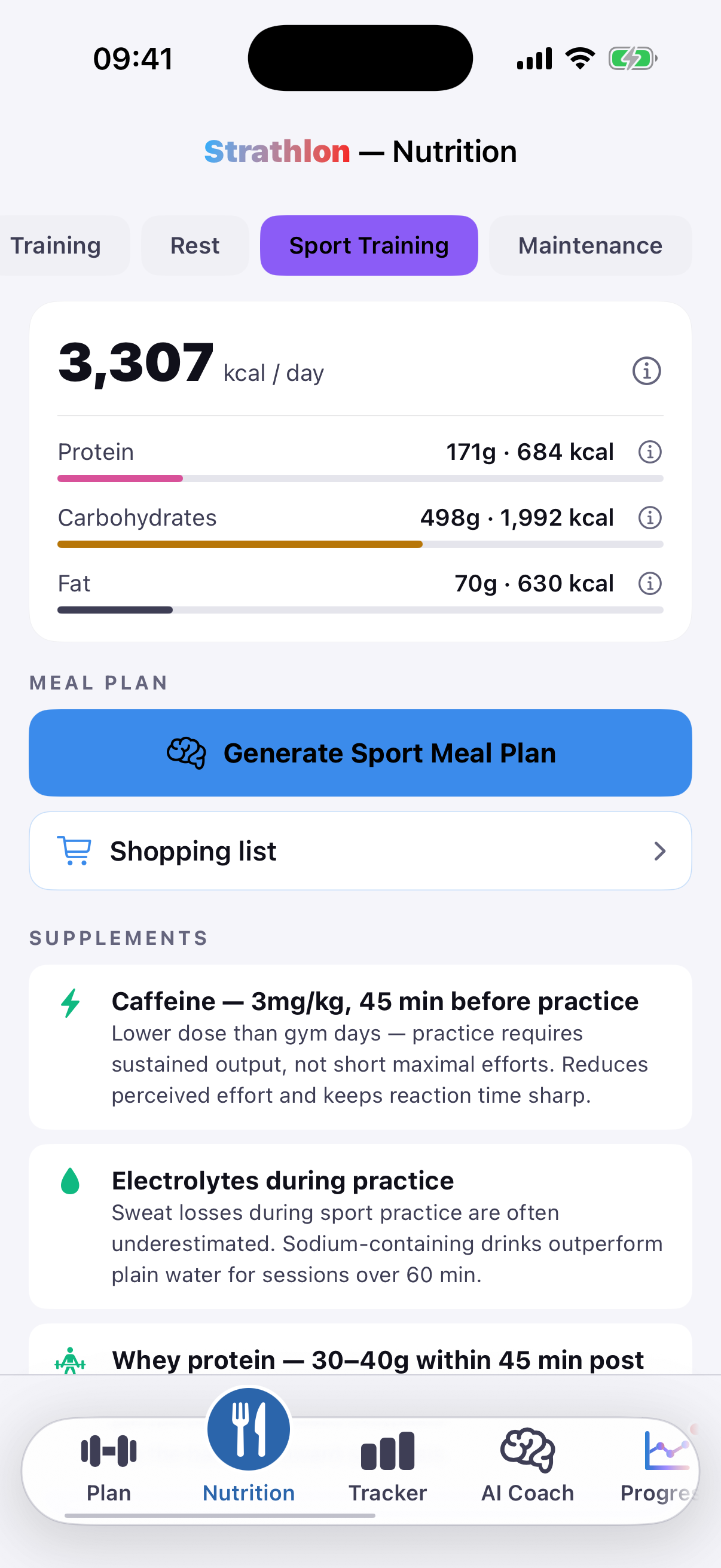 Strathlon's Nutrition tab showing calorie and macro targets for a gym class day