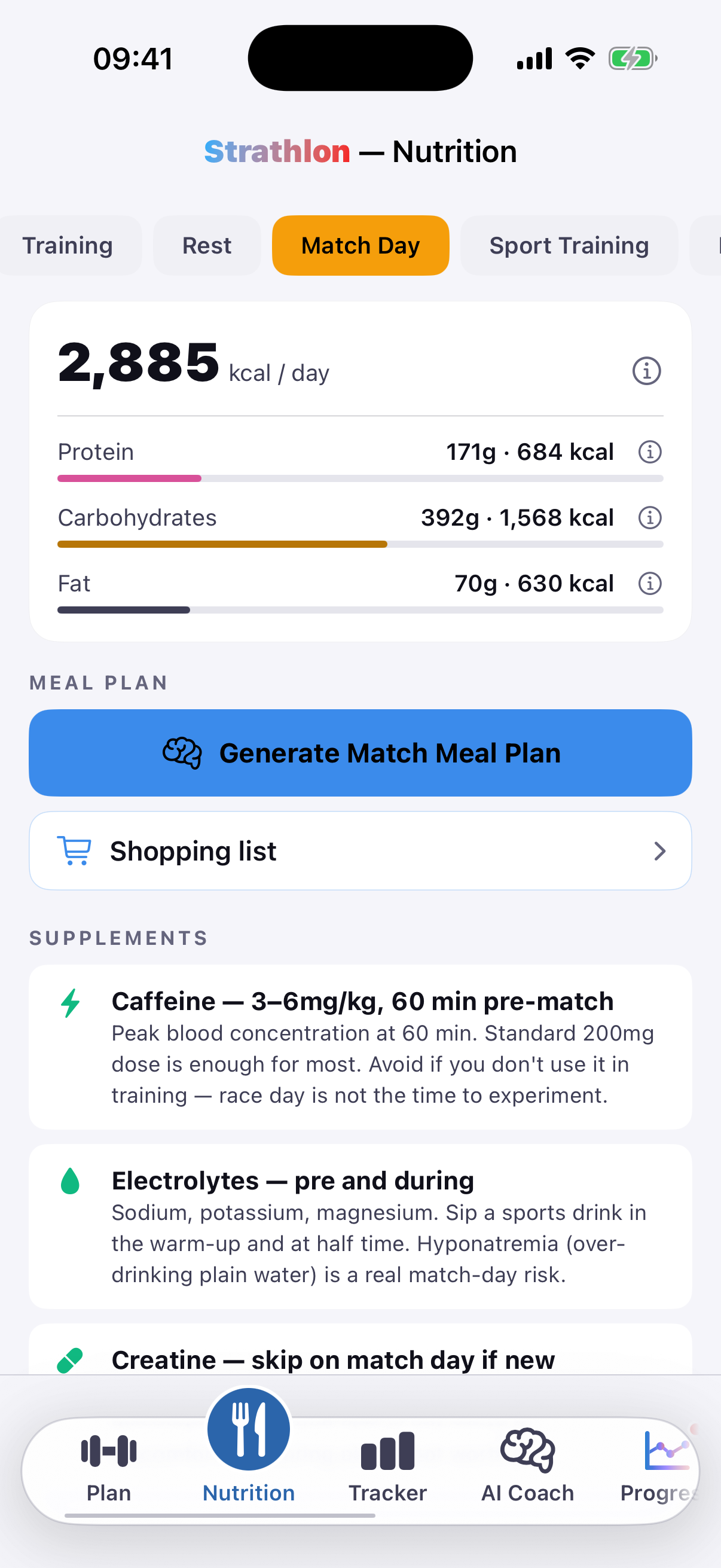 Strathlon's Nutrition tab showing calorie and macro targets for a field hockey day
