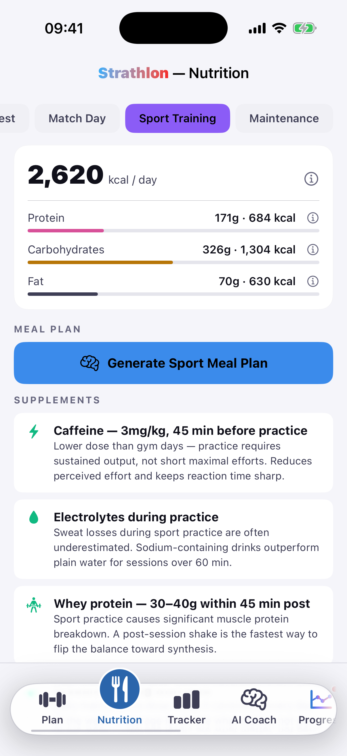 Strathlon's Nutrition tab showing lacrosse day calorie and macro targets