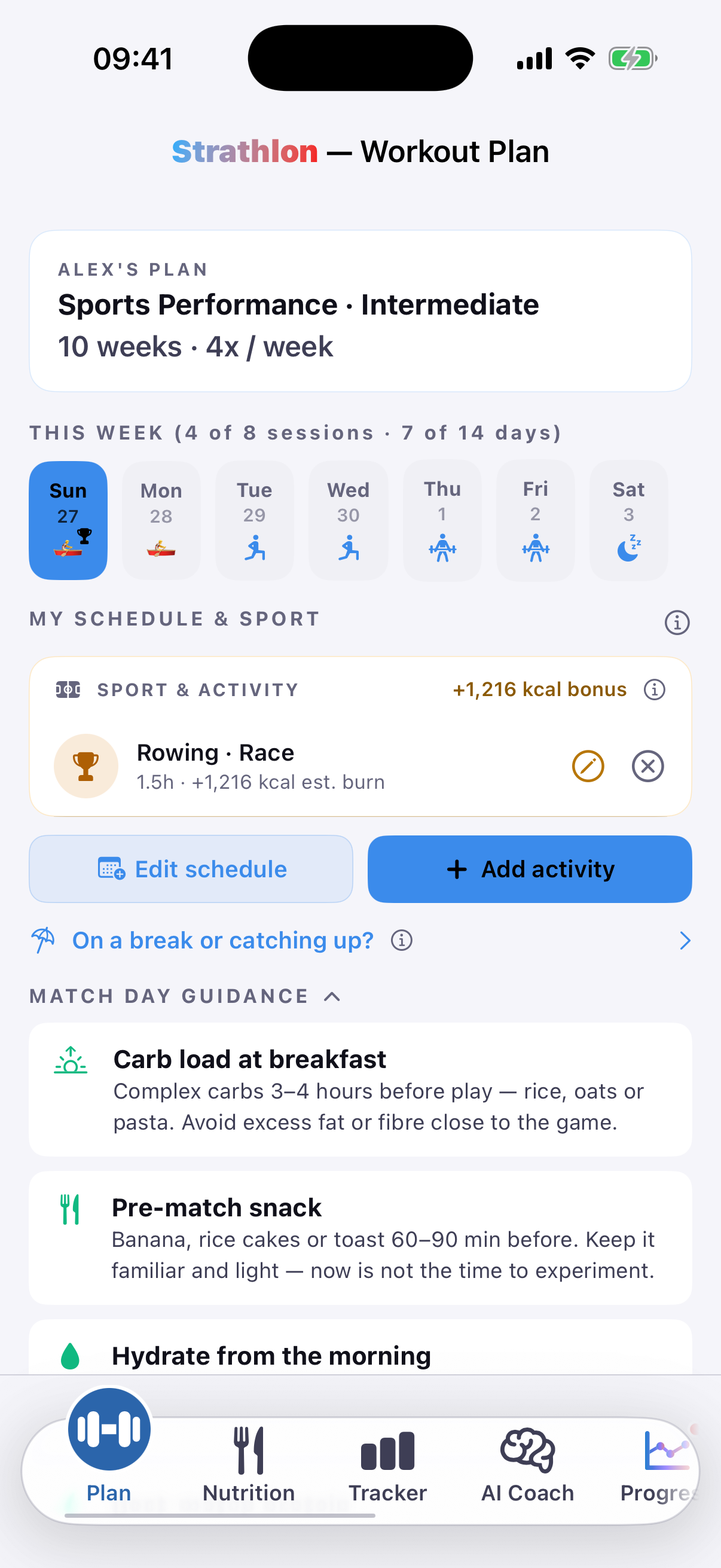 Strathlon's Plan tab with a rowing session scheduled alongside the week's strength training