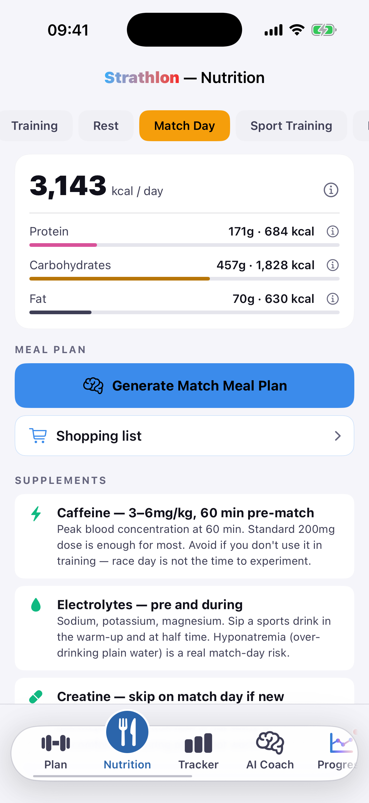 Strathlon's Nutrition tab showing skiing session-day calorie and macro targets