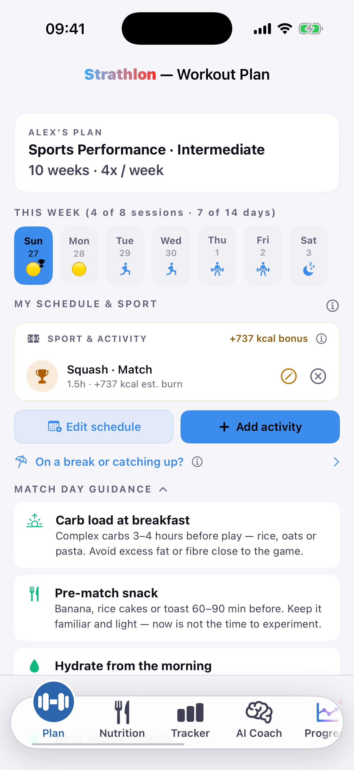 Strathlon's Plan tab with a squash session scheduled alongside the week's gym training days