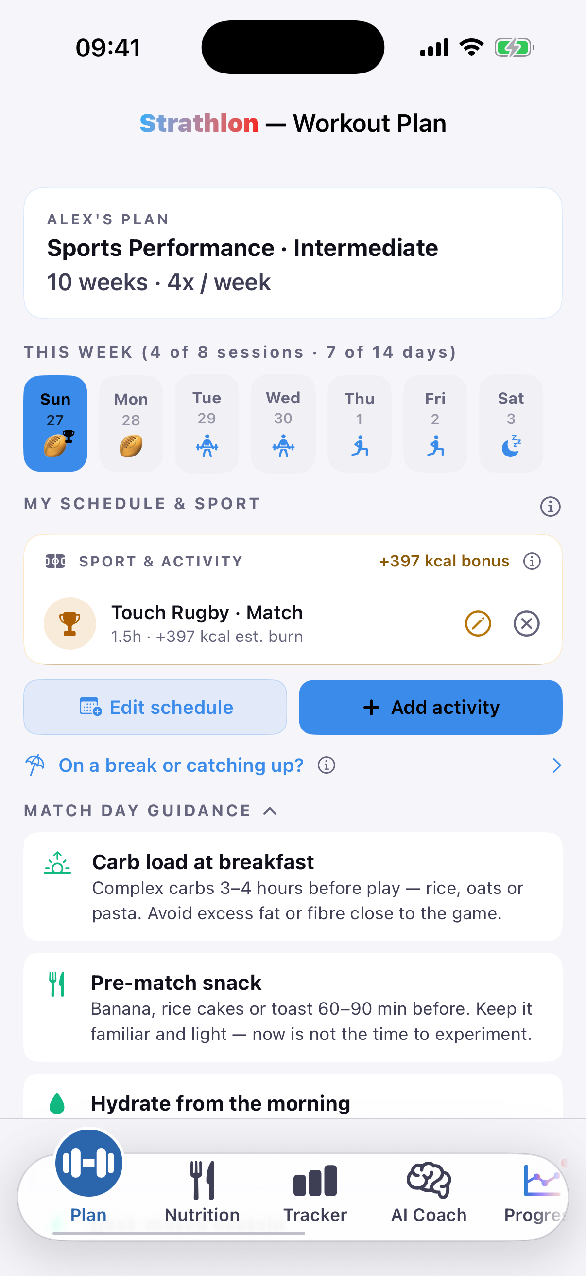 Strathlon's Plan tab with a touch rugby session scheduled alongside the week's gym training days