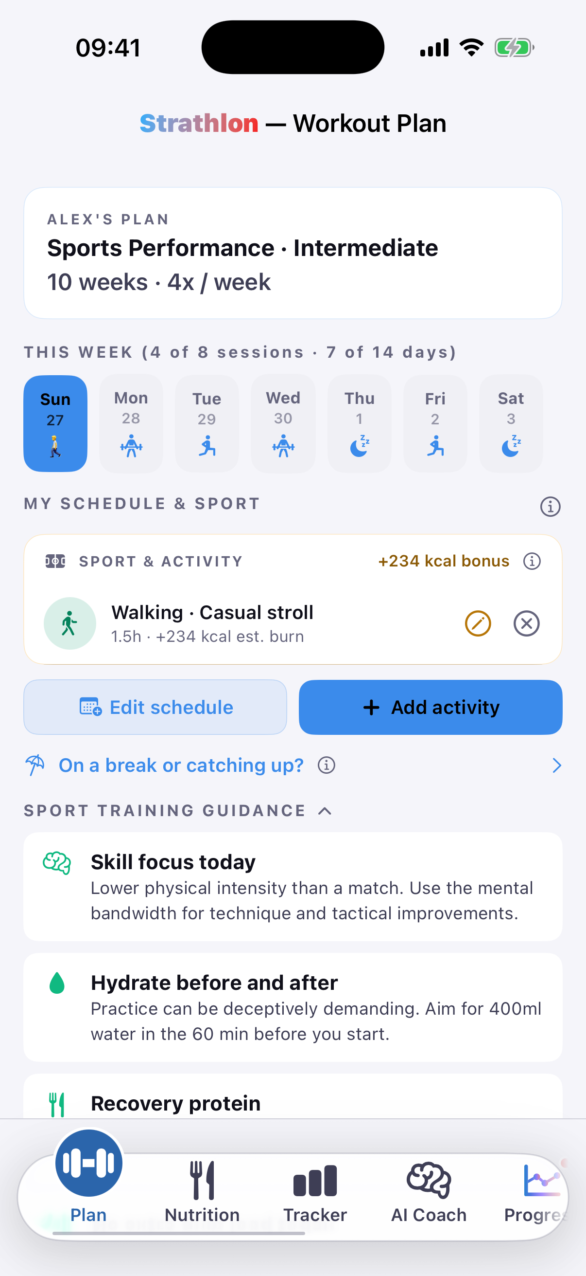 Strathlon's Plan tab with a Walking session added as bonus activity alongside this week's gym days
