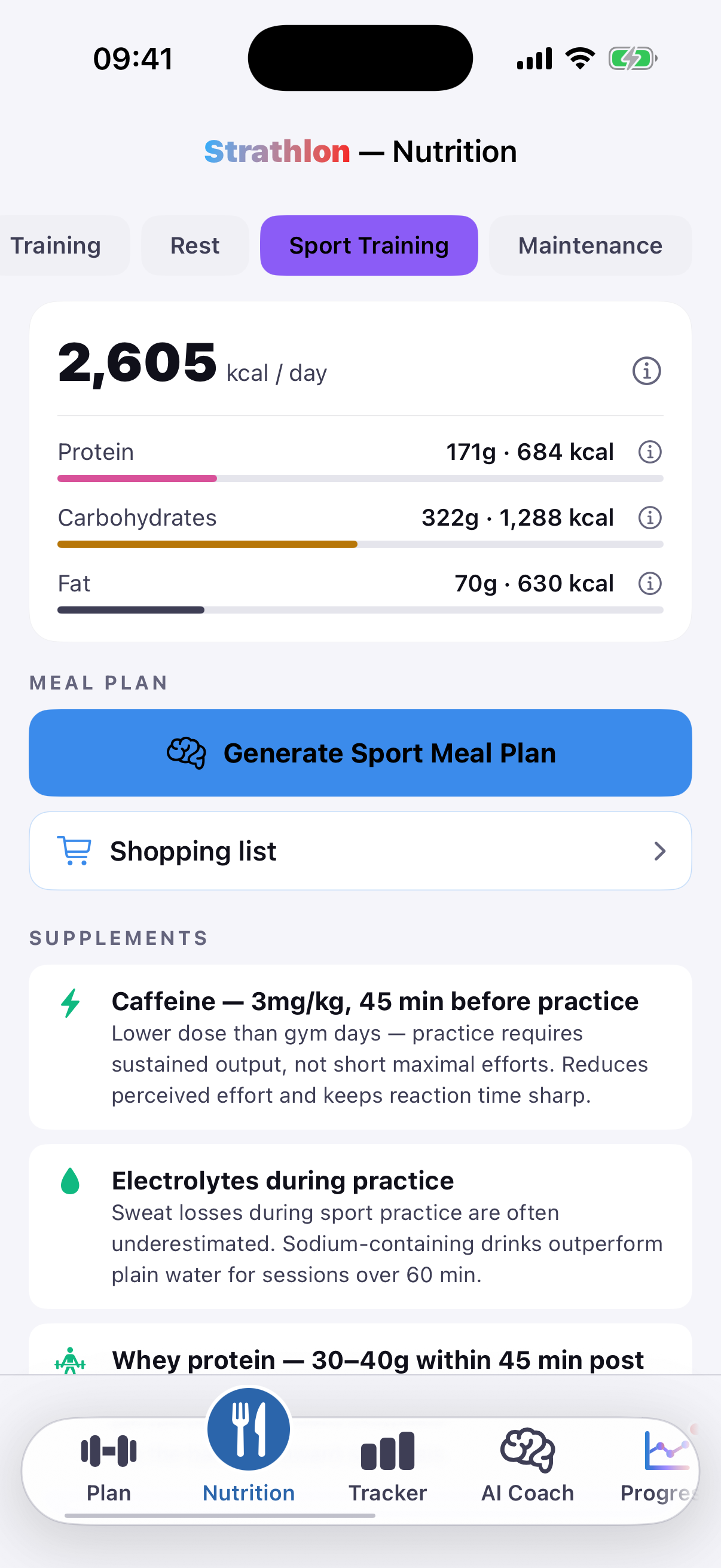 Strathlon's Nutrition tab showing Walking sport-training-day calorie and macro targets
