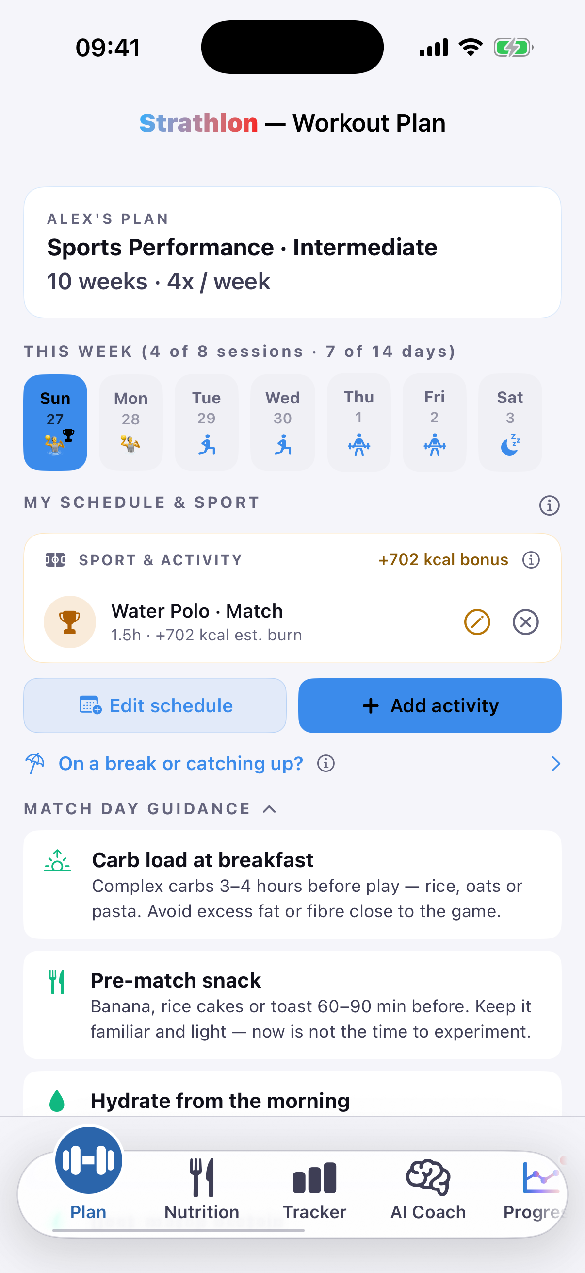 Strathlon's Plan tab with a Water Polo match in this week's schedule alongside the week's gym days