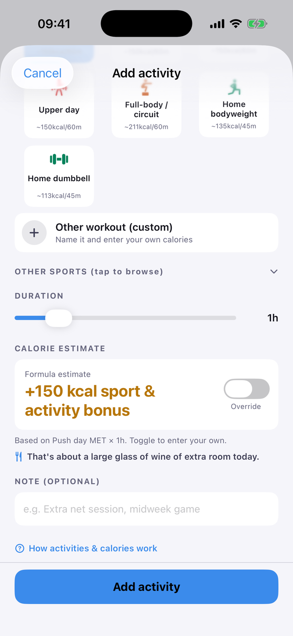 Strathlon Add activity screen with a strength-training session being logged