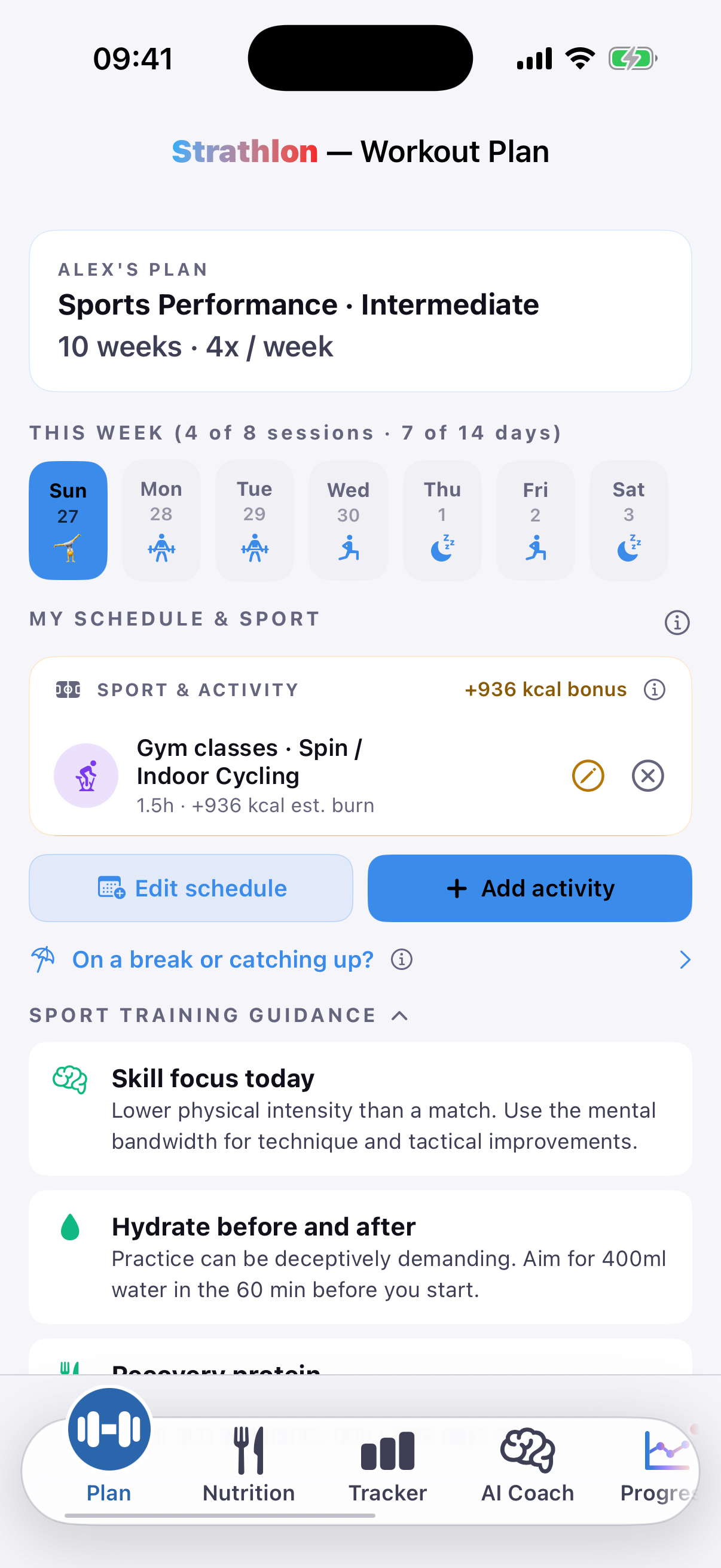 Strathlon's Plan tab showing a gym class scheduled for the day, with its estimated calorie burn