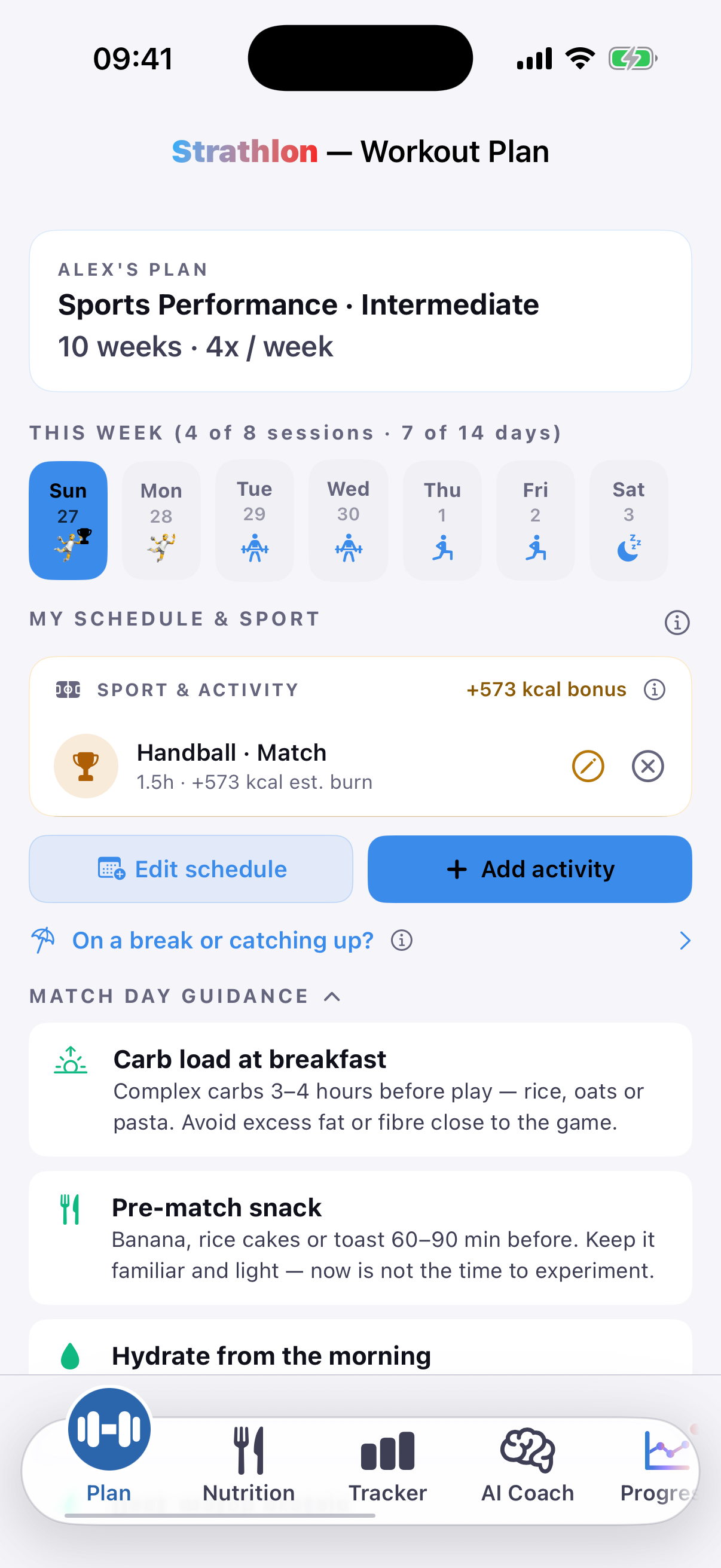 Strathlon's Plan tab showing a handball session scheduled for the day, with its estimated calorie burn