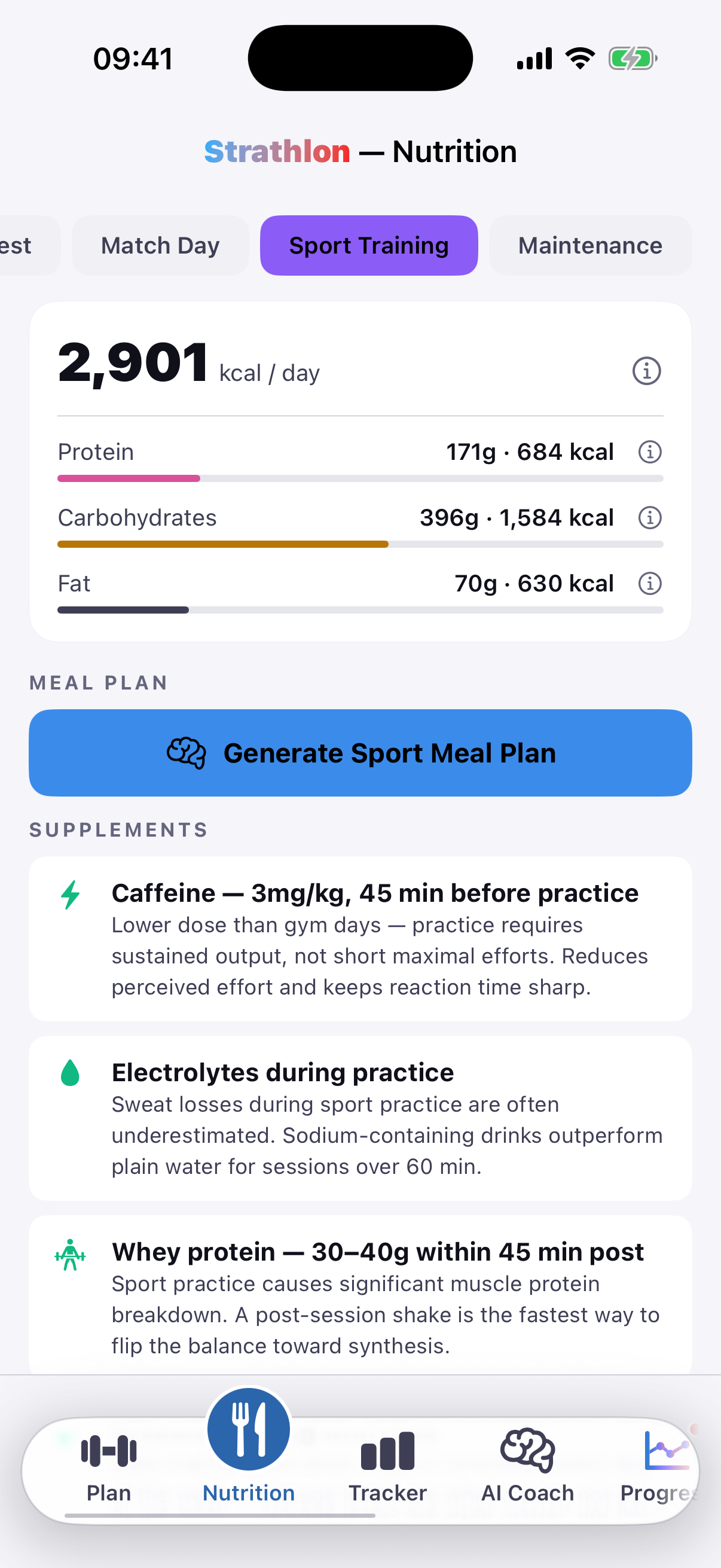 Strathlon's Nutrition tab showing MMA day calorie and macro targets