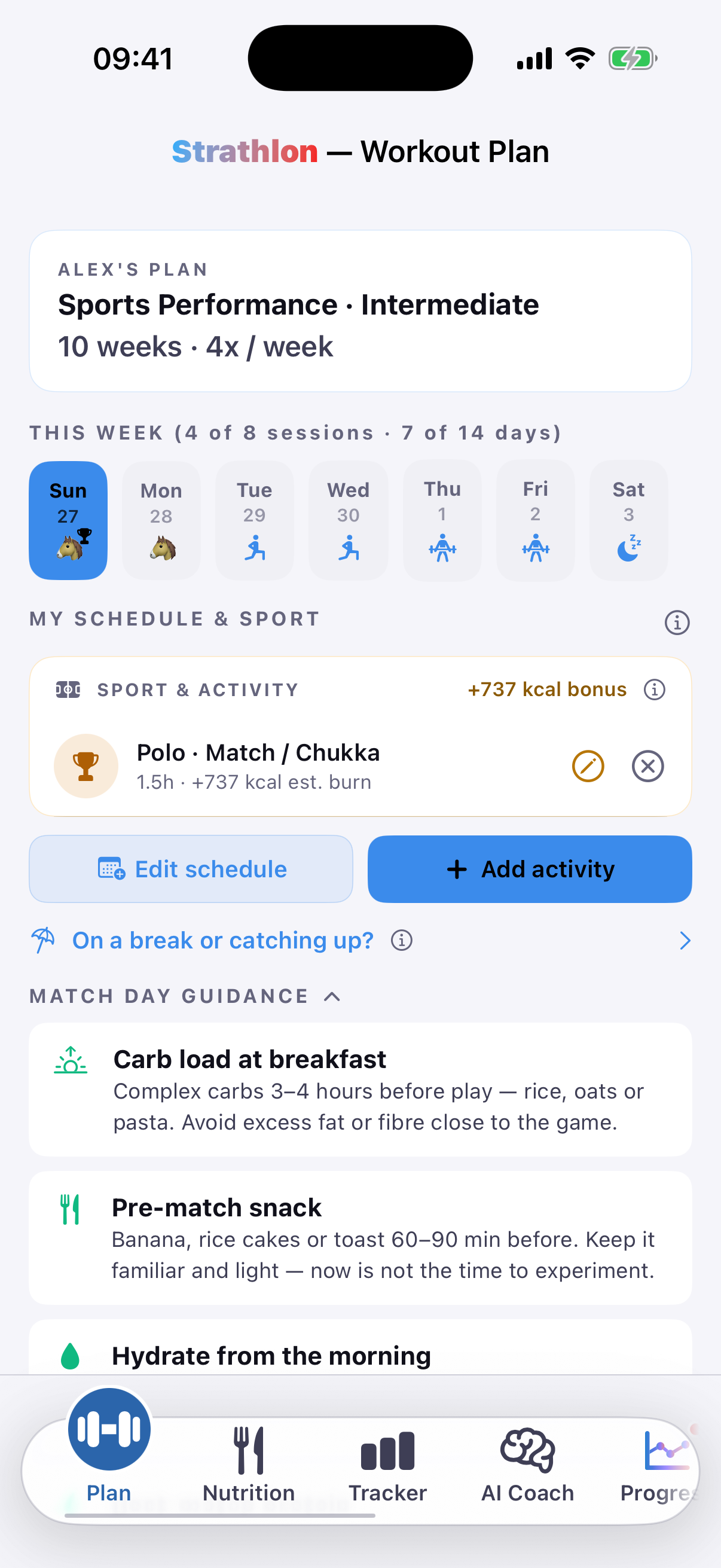 Strathlon's Plan tab with a polo session scheduled, showing its estimated calorie burn for the day