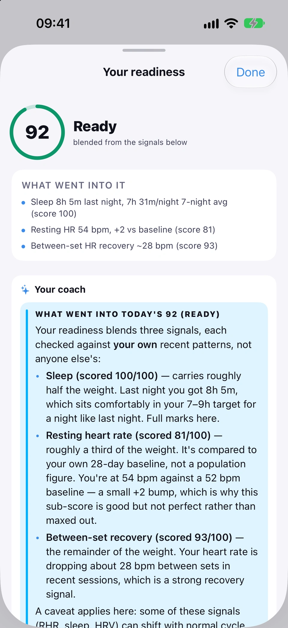Strathlon&rsquo;s Your readiness screen, scrolling from top to bottom: a score of 92, Ready, built from 8 h 5 min of sleep last night, a resting heart rate of 54 bpm, 2 above baseline, and between-set heart-rate recovery of about 28 bpm; then the AI coach&rsquo;s answer, which explains how sleep, resting heart rate and between-set recovery went into the score, and under What to do about it today gives its verdict: train today&rsquo;s Pull session as planned at RPE 6&ndash;7 with your normal rest periods, keep half an eye on resting heart rate settling back toward 52, and nothing changes today&rsquo;s session: it&rsquo;s a green light to train it as prescribed.