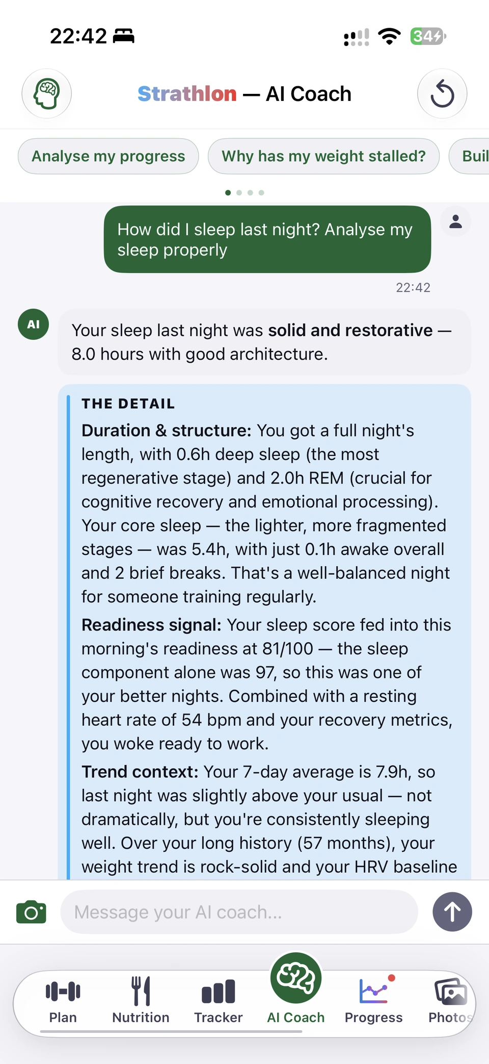 Strathlon AI Coach, light mode. Question: How did I sleep last night? Analyse my sleep properly. The coach answers that last night was solid and restorative, 8.0 hours: 0.6 hours deep, 2.0 hours REM, 5.4 hours core, 0.1 hours awake and 2 brief breaks; the sleep component of this morning's readiness (81 out of 100) was 97; resting heart rate 54 bpm; the 7-day average is 7.9 hours; the HRV baseline of 46 ms over 60 days is stable; two brief awakenings in 8 hours are normal.