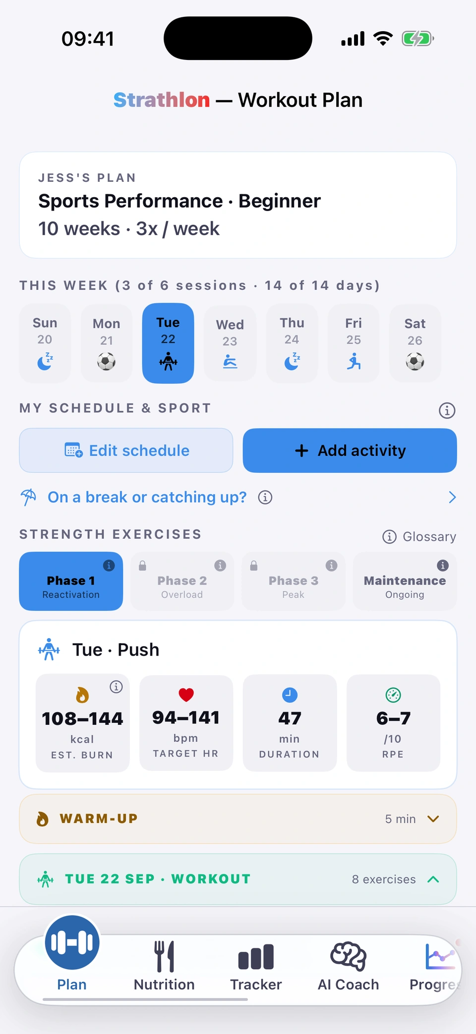 Strathlon Plan tab for a football player, scrolled from top to bottom: Jess's plan, Sports Performance, Beginner, 10 weeks, 3 times a week; this week's strip with football on Monday and Saturday and gym sessions on Tuesday, Wednesday and Friday; Tuesday's Push session with an estimated burn of 108 to 144 kcal, target heart rate 94 to 141 bpm, 47 minutes and RPE 6 to 7; Incline Dumbbell Press, Cable Crossover, Dumbbell Shoulder Press, Weighted Dip, Cable Lateral Raise and Tricep Rope Pushdown; then Football, sport work: Copenhagen Plank; and a Glute Bridge March core finisher.