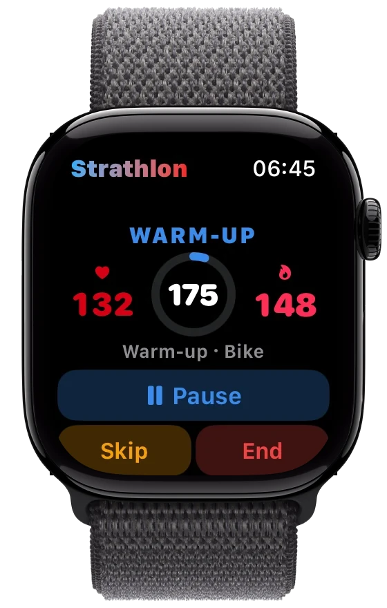 Strathlon on Apple Watch during a warm-up on the bike: heart rate 132, 148 kcal, 175 seconds left in the step, with Pause, Skip and End on the wrist.